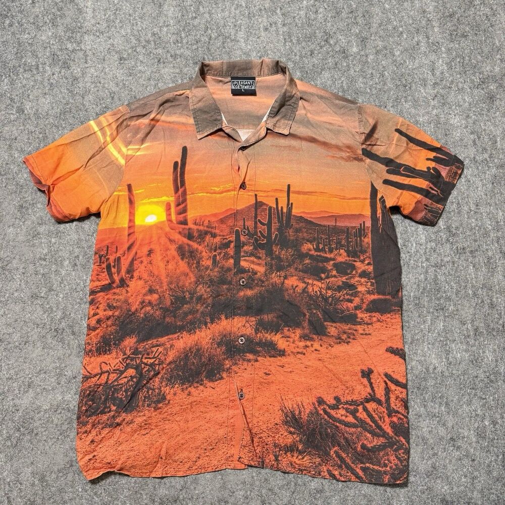 Pleasant Getaways Desert Sunset Rayon Shirt Cactus Saguaro All Over Print Large